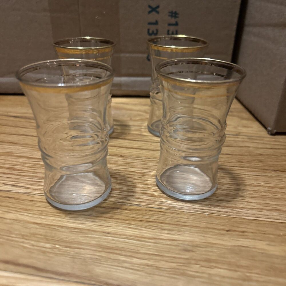 Anchor Hocking Set of 4 1940s Gold Rimmed Ribbed Center Juice Shot Glasses MCM
